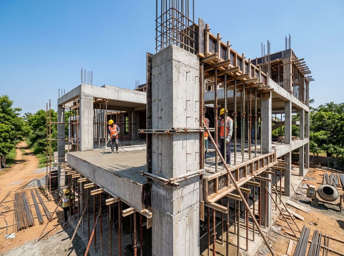 Reinforced concrete columns, beams, and slab formwork on residential building site
